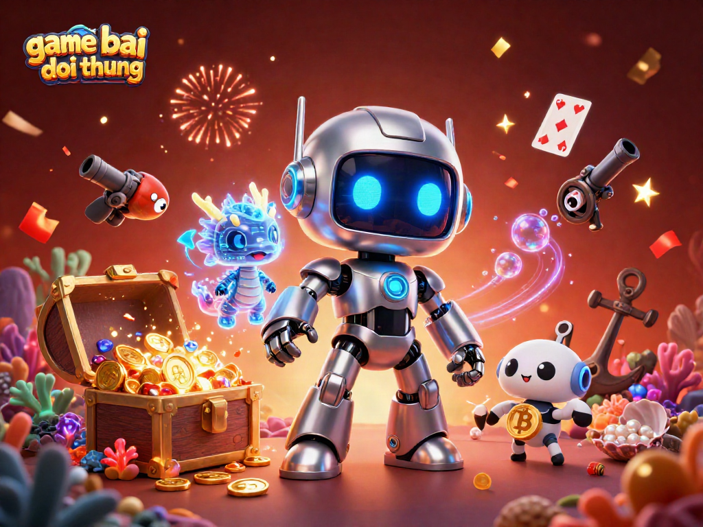 Engage in game bai doi thuong with a vibrant illustration featuring a cyberpunk robot, dragon companion, and treasures.