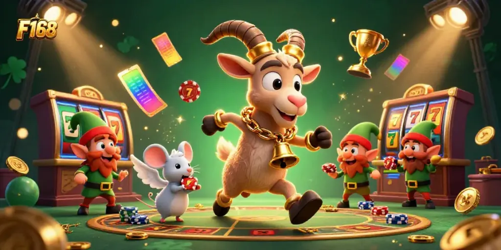 Engage with F168's thrilling casino experience featuring a Krampus goat managing chaos.