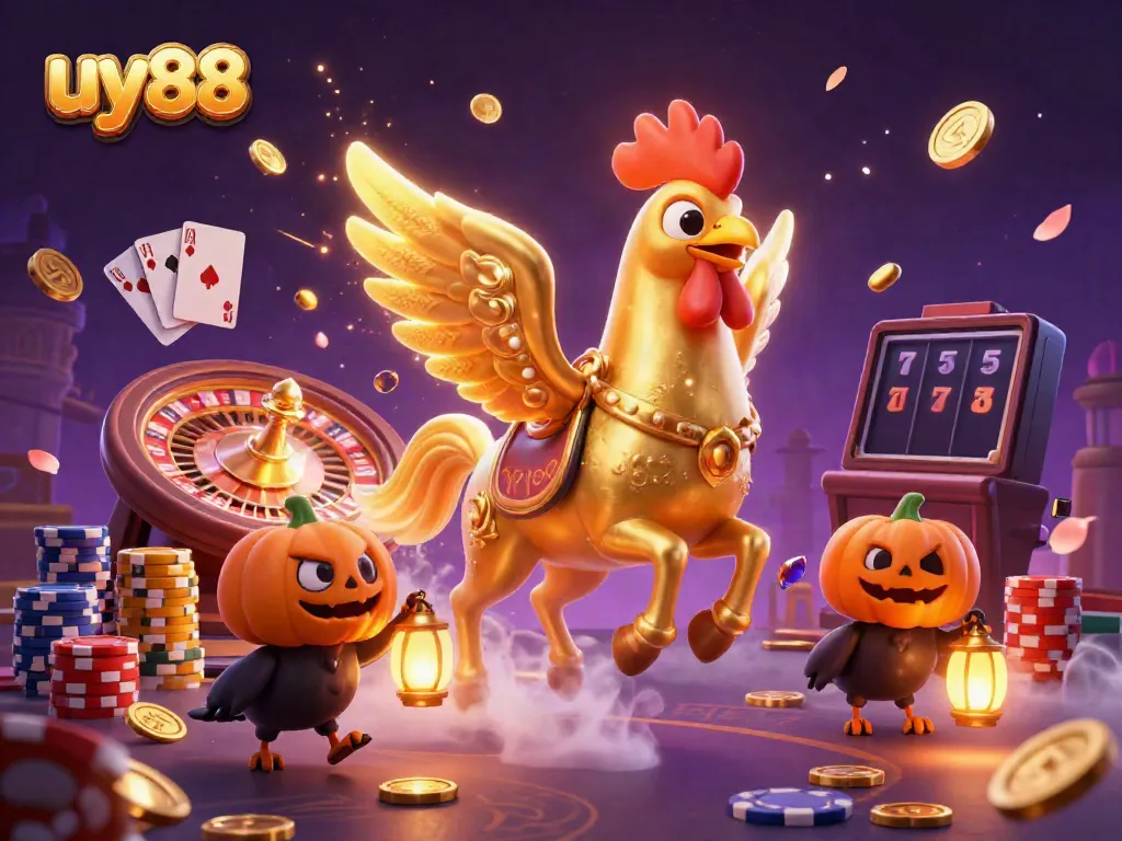 Experience the thrill of uy88 with a golden rooster riding through a vibrant casino, surrounded by treasures and luck.