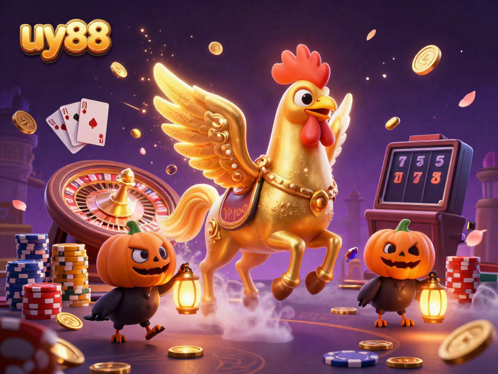 Experience the thrill of uy88 with a golden rooster riding through a vibrant casino, surrounded by treasures and luck.