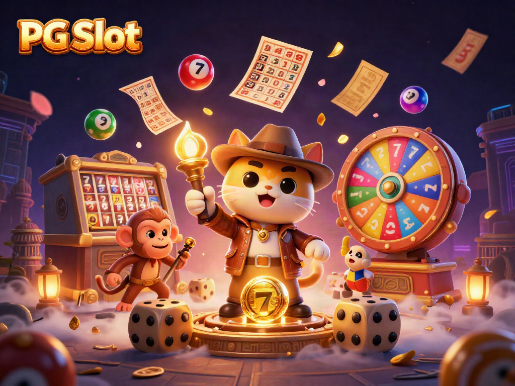 Experience the thrill of PG Slot with a vibrant scene featuring an explorer cat and golden artifacts.