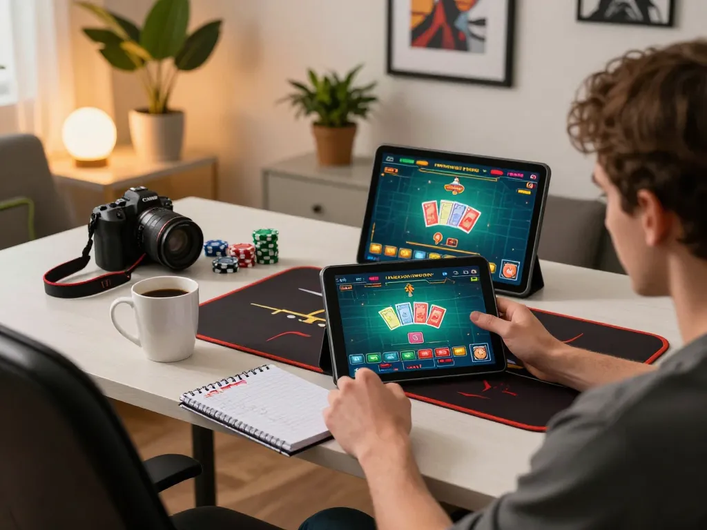 Player engaging in online casino gaming at home with NET88 app on tablet, showcasing strategic gameplay setup
