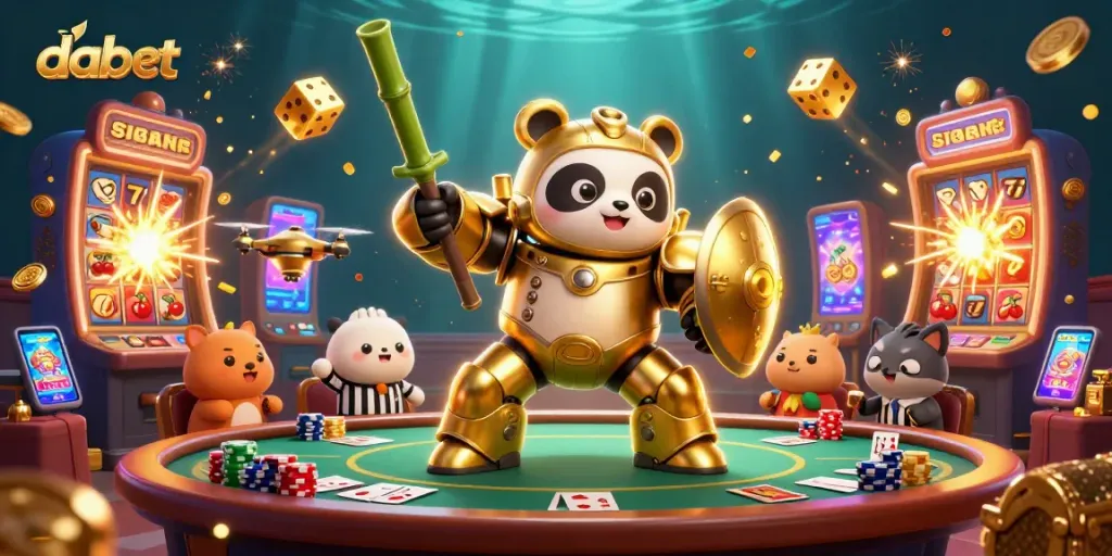 Dabet slot machine jackpot scene with vibrant golden coins and animated characters strategically battling in a casino arena.
