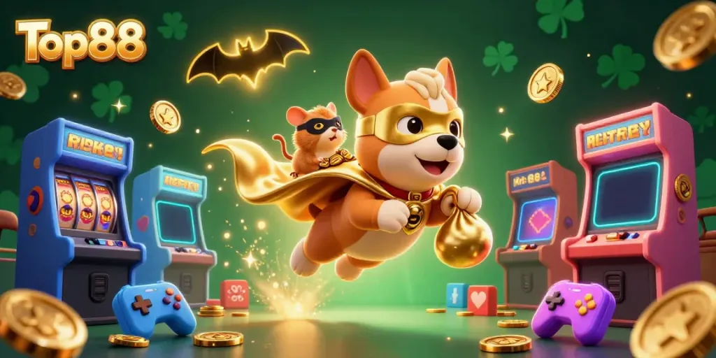 Watch the Top88 superhero dog and hamster collect gold coins in this vibrant 3D casino adventure.
