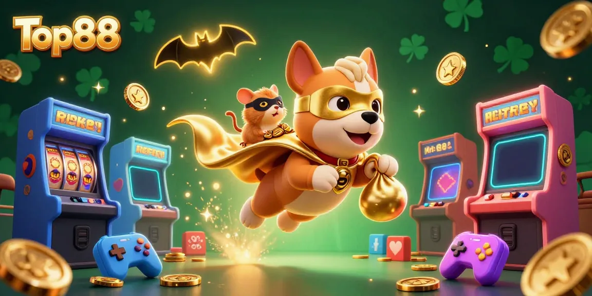 Watch the Top88 superhero dog and hamster collect gold coins in this vibrant 3D casino adventure.