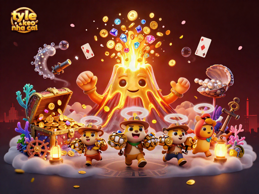 Engage with the dynamic scene showcasing ty le keo nha cai as golden lava flows from a volcano, surrounded by treasure elements.