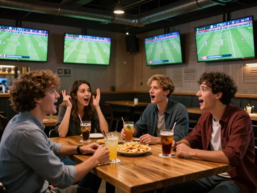 Friends excitedly watching football on CakhiaTV with drinks and snacks in a lively sports bar atmosphere.