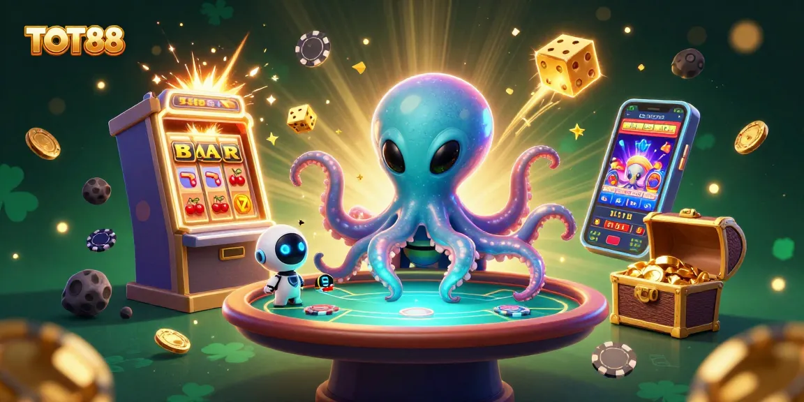 TOT88 showcases a vibrant alien octopus engaging in an exciting poker game with cosmic elements.