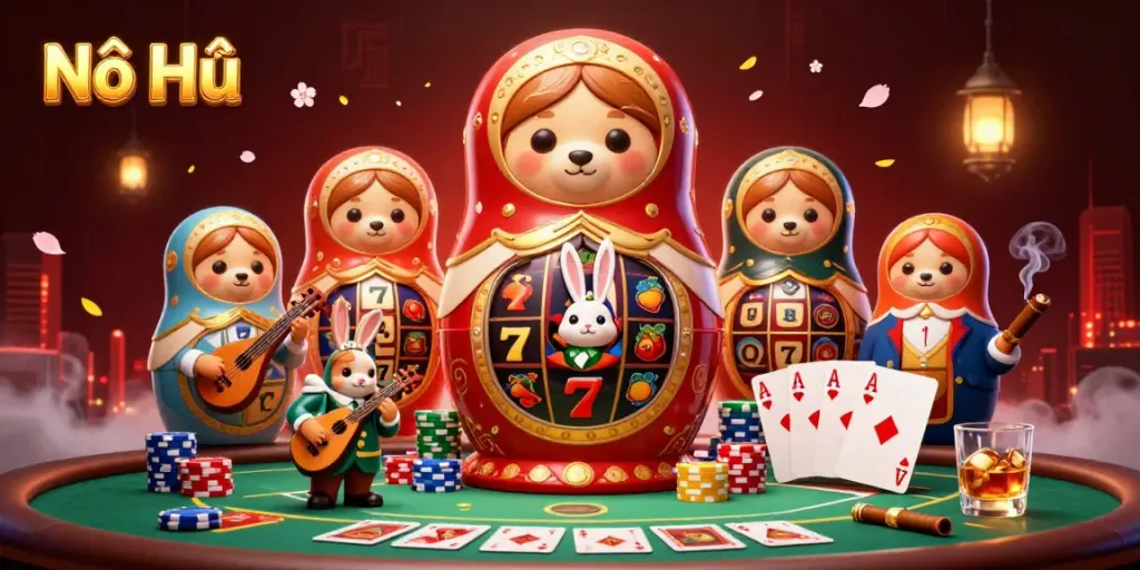 Experience the excitement of Nổ Hũ with vibrant casino elements and engaging characters.