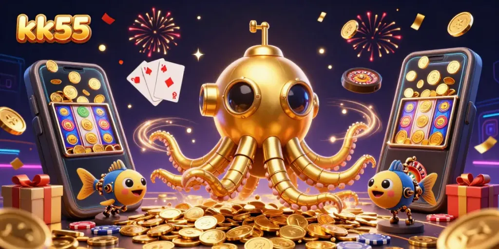 Engage with the thrilling kk55 casino experience featuring a golden kraken submarine amid a sea of coins.