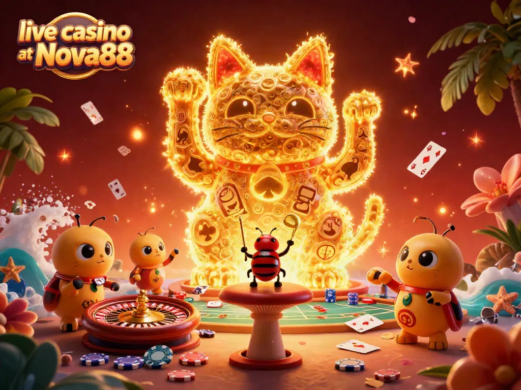 Engage with live casino at Nova88 featuring a vibrant lucky cat design controlled by a beetle amidst casino games.