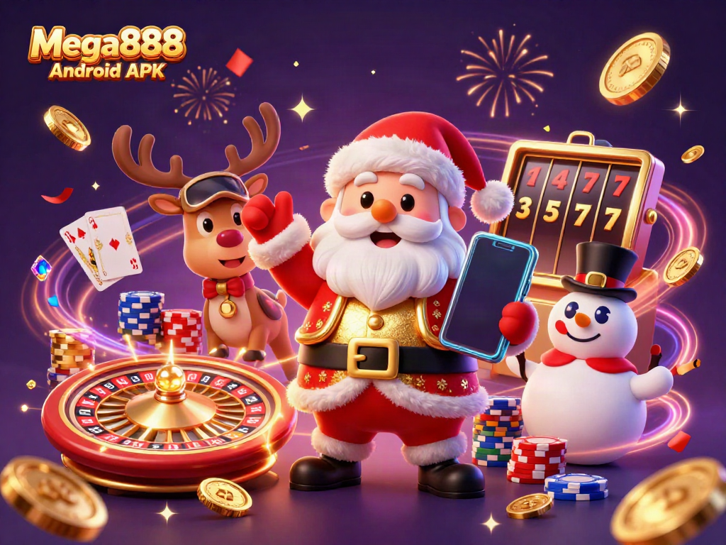 Experience the thrill of Mega888 Android APK with a festive casino scene featuring Santa and friends.