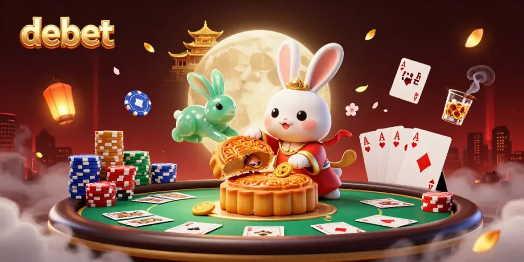 Experience debet's thrilling atmosphere as a cartoon moon rabbit unveils poker chips on the lunar surface.