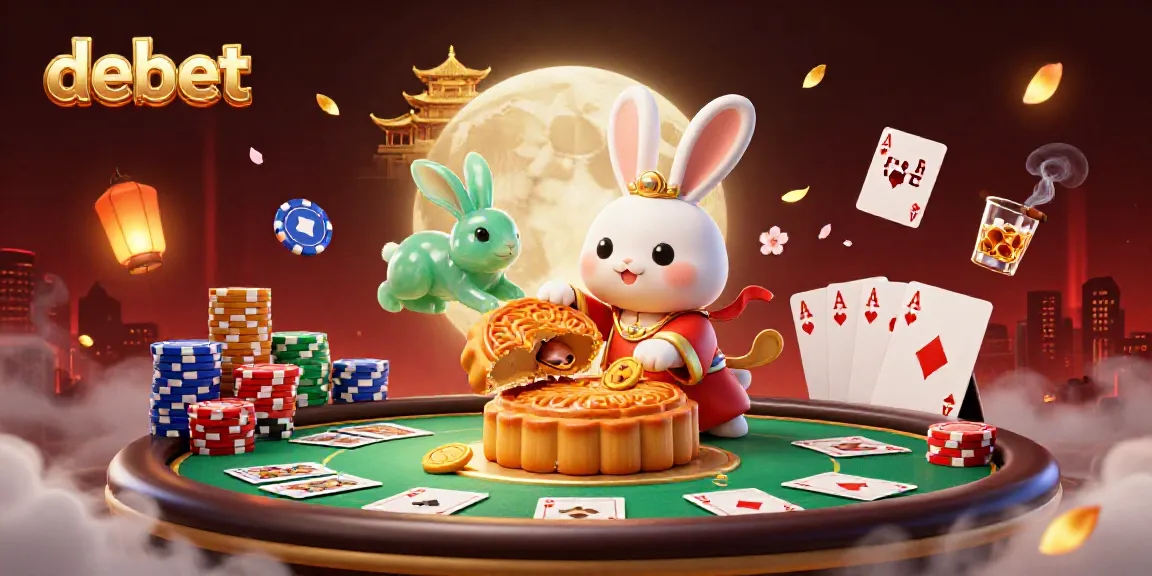 Experience debet's thrilling atmosphere as a cartoon moon rabbit unveils poker chips on the lunar surface.