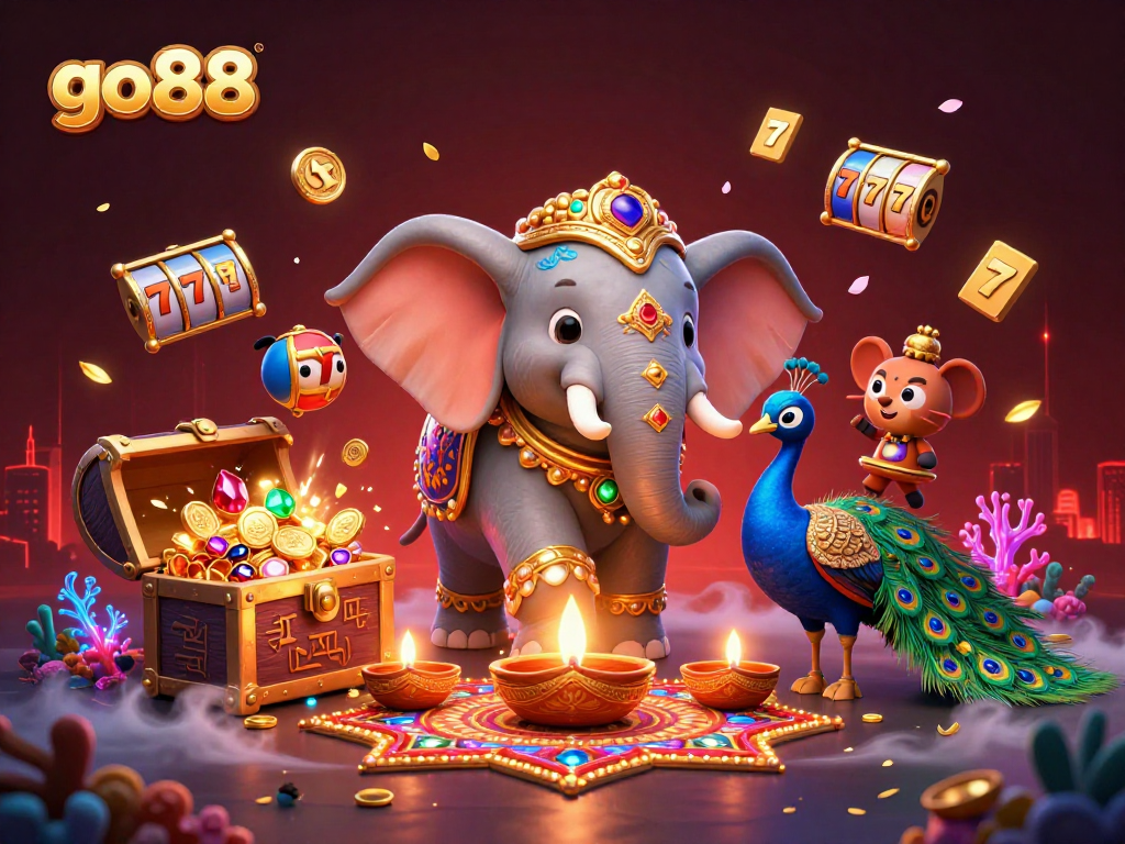 Experience exciting wins with go88 in this vibrant 3D casino-themed illustration packed with dynamic game elements.
