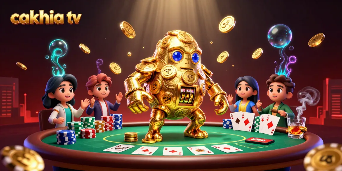 Cakhia tv showcases an immersive 3D gambling scene with a golden golem and poker elements, emphasizing online betting excitement.