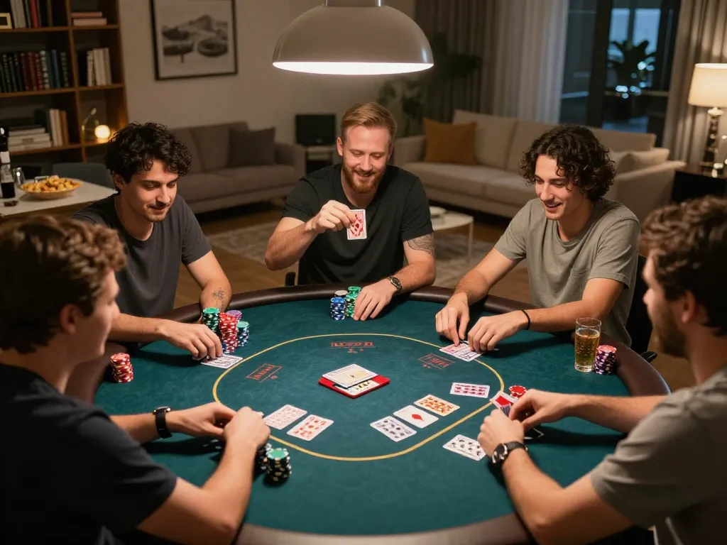 Engaged players enjoying a round of poker at home, showcasing the mm88 com online gaming spirit in a cozy setting