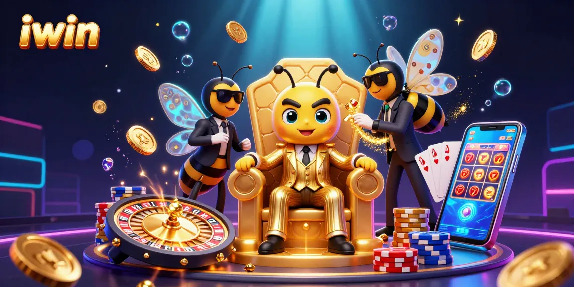 iwin showcases a vibrant casino scene with a bumblebee mob boss, roulette wheel, and golden coins.