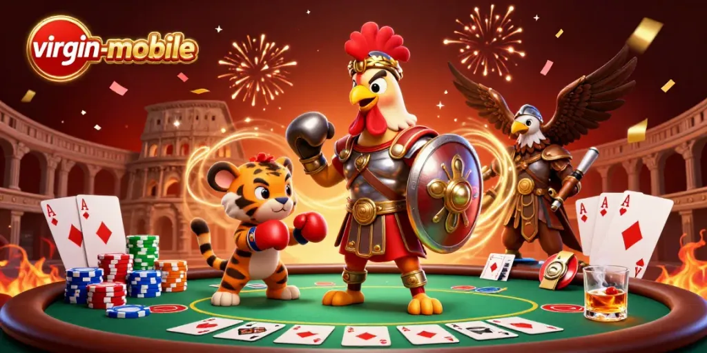 Experience the thrill of gaming with virgin-mobile's vibrant casino scene featuring a gladiator rooster.
