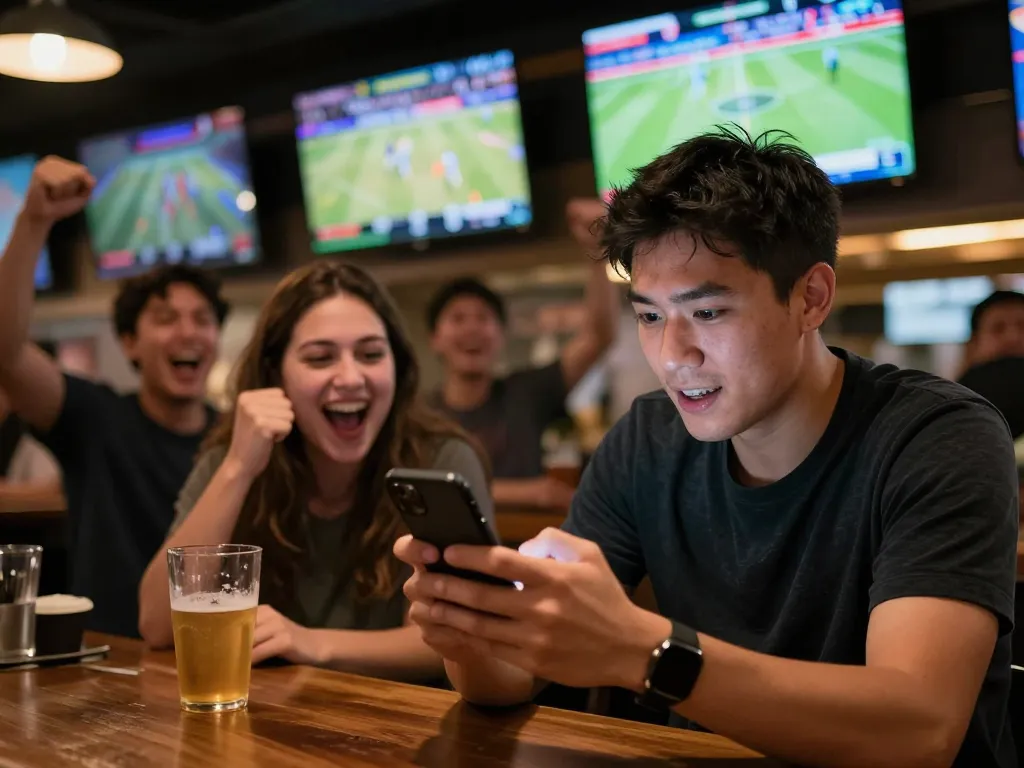 SOCOLIVE user actively placing bets during live sports event in a vibrant bar atmosphere
