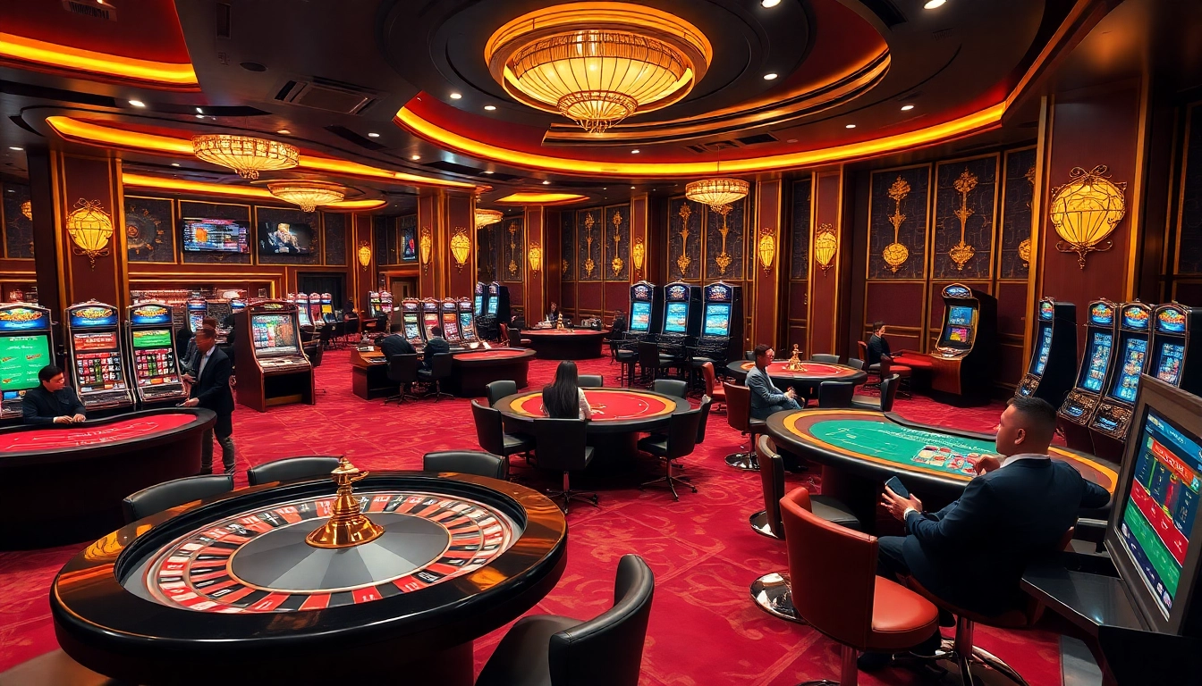 High-stakes action at okfun.com casino with players strategizing at roulette and blackjack tables.