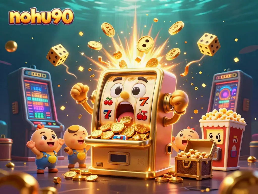 Nohu90 showcases a thrilling jackpot scene with cheerful slot machines celebrating wins with cascading coins.