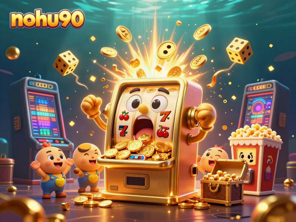 Nohu90 showcases a thrilling jackpot scene with cheerful slot machines celebrating wins with cascading coins.