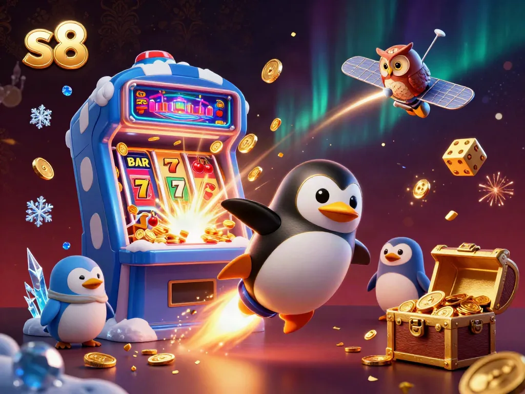 Experience exhilarating gameplay at s8 with a golden penguin racing towards a jackpot-filled casino.