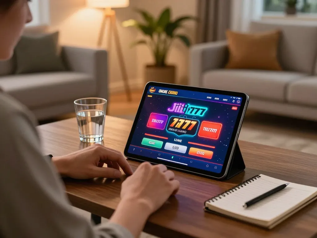 Engaging with Jili777 Online Casino on tablet in cozy home setup, showcasing gaming and strategy.