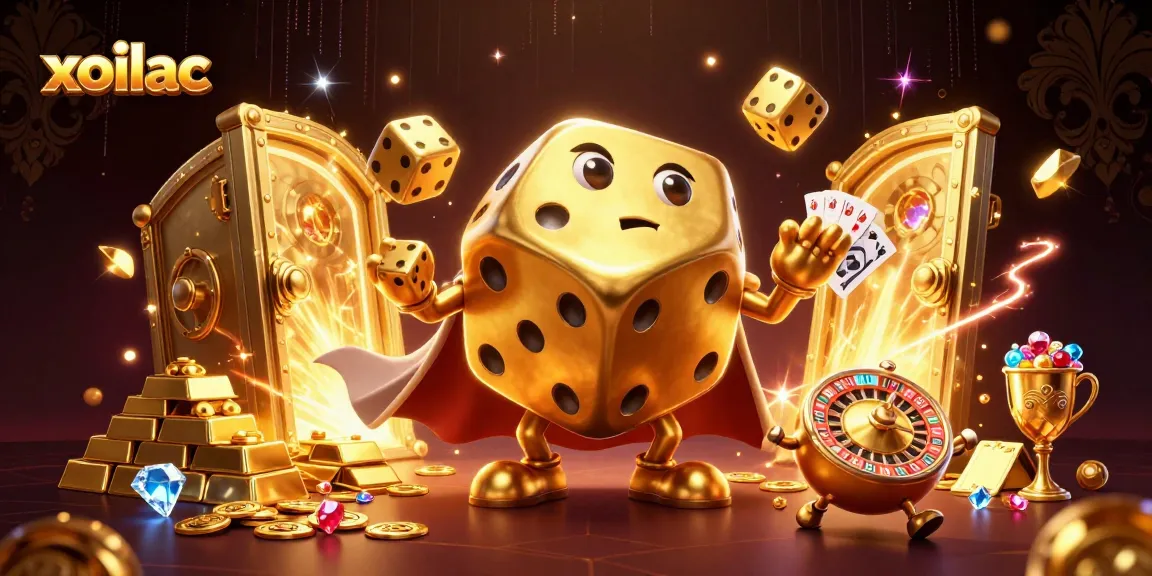 A visually engaging scene with xoilac characters, including a golden dice golem and dynamic gambling symbols, showcasing exciting gaming action.