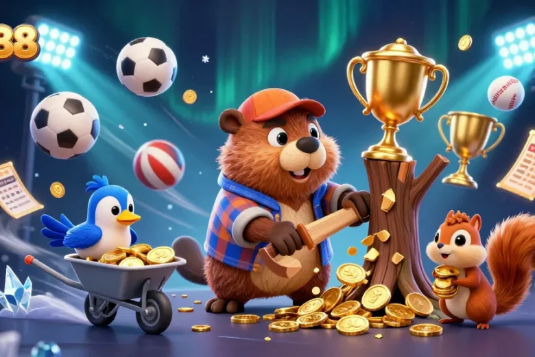Experience thrilling wins at DH88 with a vibrant, animated casino scene featuring a beaver and friends collecting golden coins.