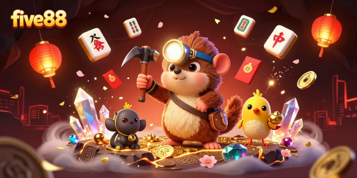 Engage with five88 in a vibrant casino scene filled with thrilling gambling symbols and characters.