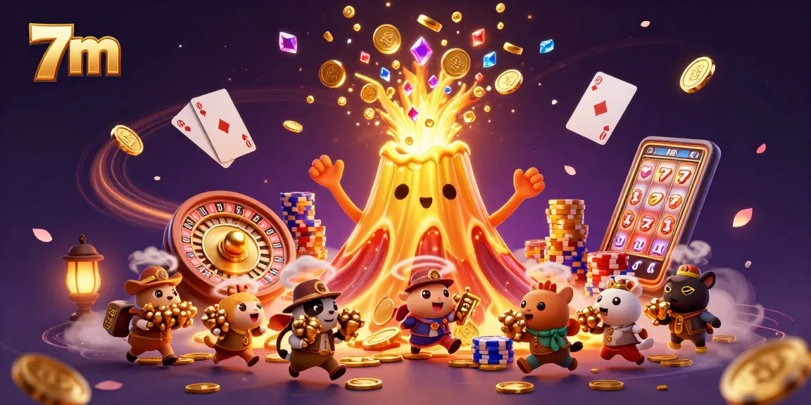Experience the thrill of 7m with a dynamic volcanic eruption of coins and treasures in this vivid casino scene.
