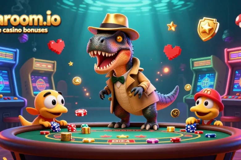 Experience jokaroom.io online casino bonuses with a 3D cartoon velociraptor at a blackjack table