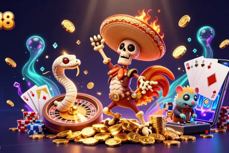 Experience exciting gambling action at LV88 with animated characters celebrating wins in a vibrant casino scene.