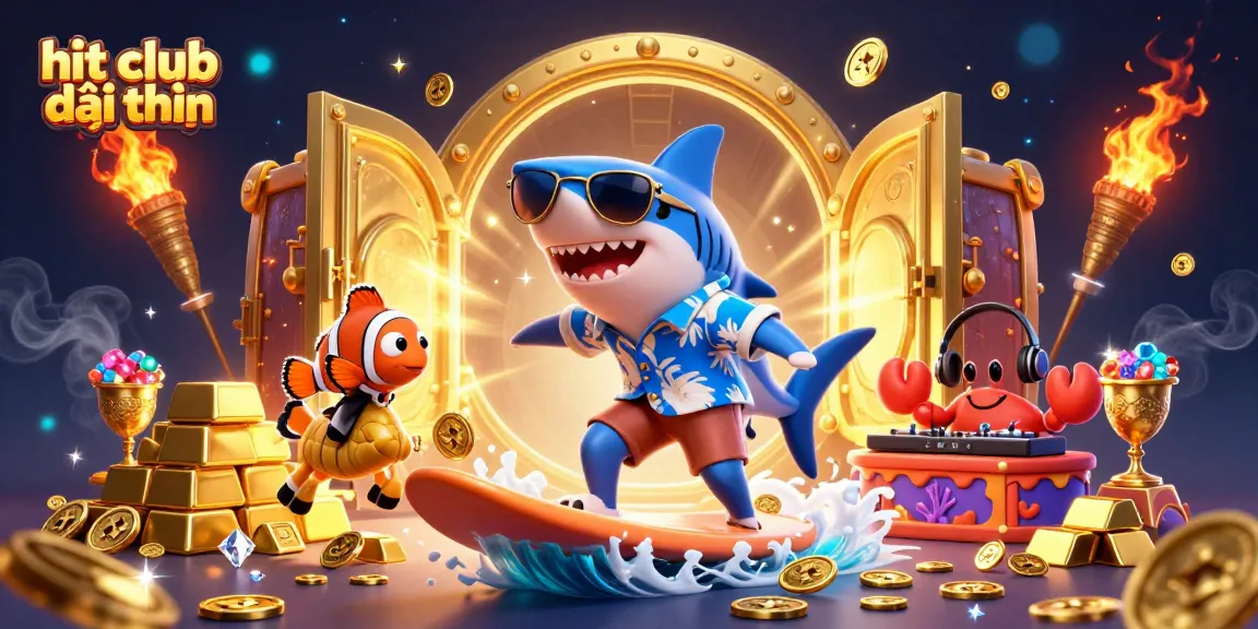 Join the adventure in hit club đổi thưởng with our vibrant casino-themed illustration showcasing lively characters and golden treasures.