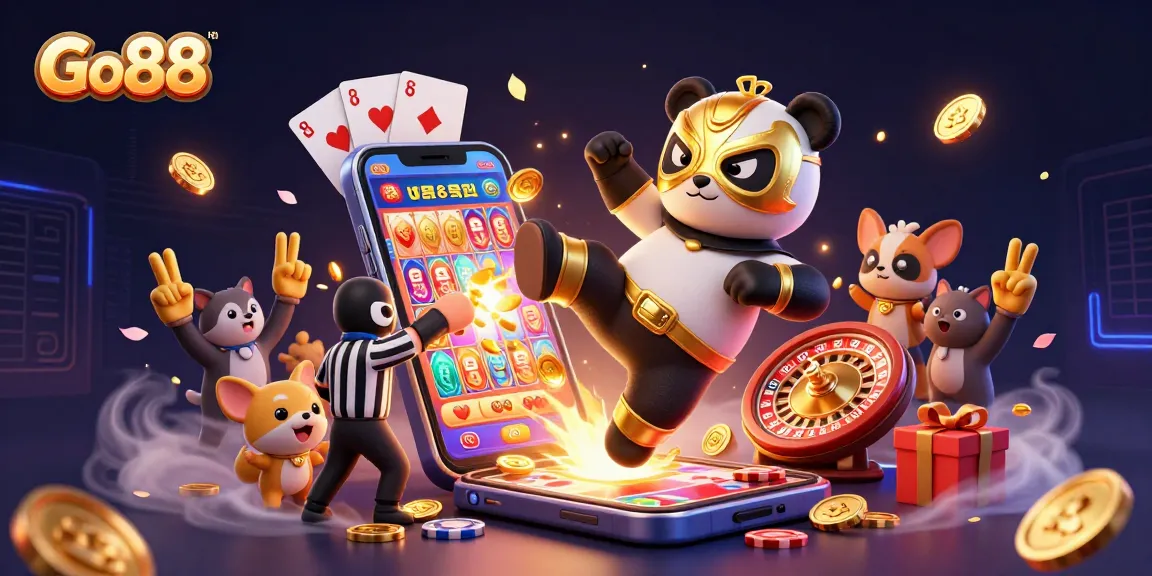 Go88 presents an exciting scene with a wrestling panda and casino elements, capturing the thrill of gaming.