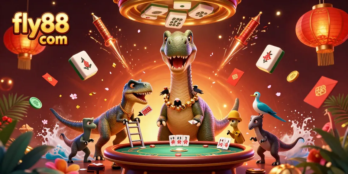 Join the excitement at fly88 com as a brontosaurus oversees the casino gameplay with vibrant symbols.