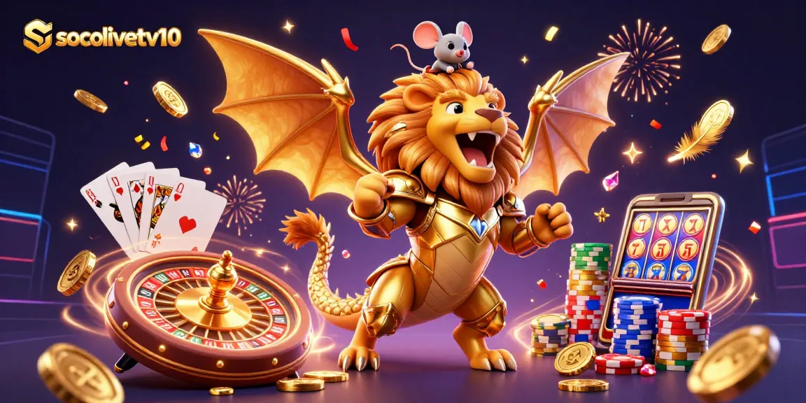 Socolivetv10 showcases a vibrant scene with a roaring chimera, golden coins, and dynamic roulette elements.