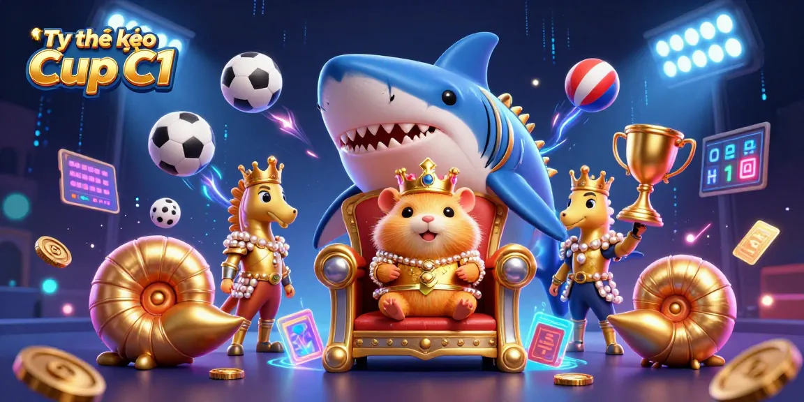 Engage with Tỷ lệ kèo Cup C1 through a vibrant 3D sports betting scene featuring a golden hamster king.