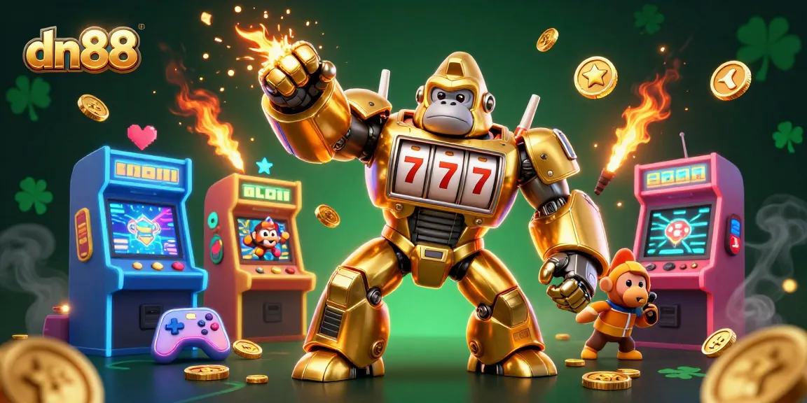 Spin to win with dn88's dynamic slots featuring a golden gorilla mech amidst arcade games and coins!