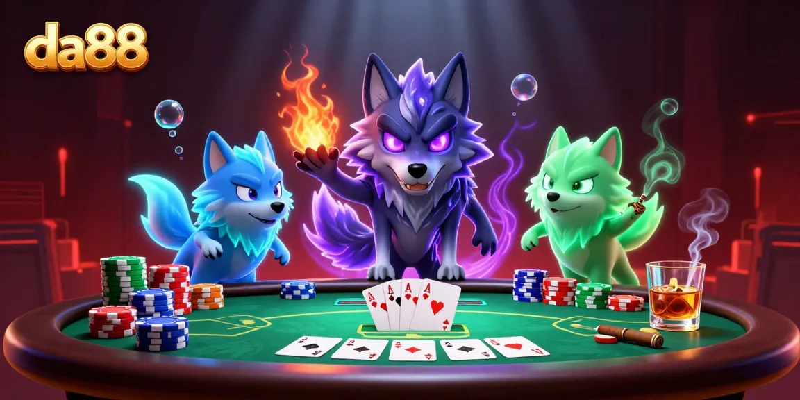 Play and win at da88 with ghostly wolves around a vibrant poker scene