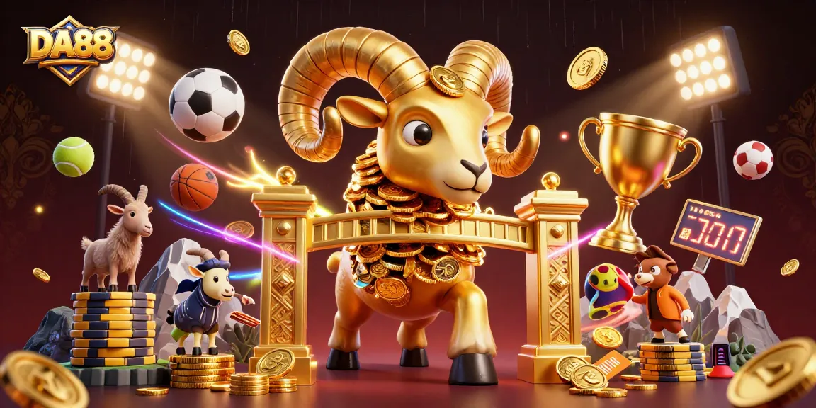 DA88 showcases dynamic gaming excitement with a golden ram and sports elements colliding.