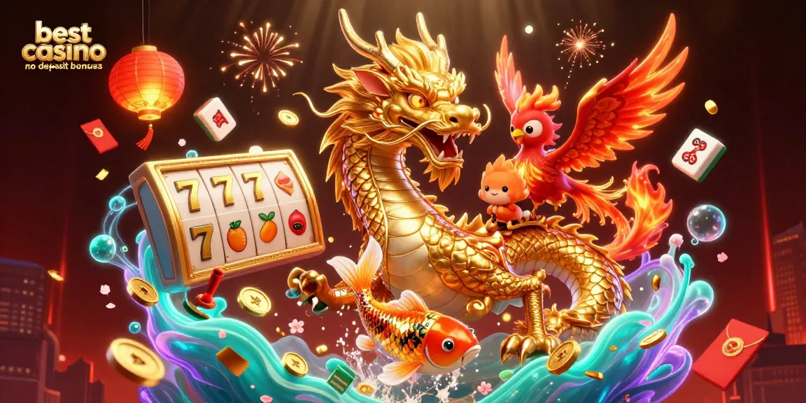 Experience the best casino no deposit bonuses with a vibrant 3D illustration of a dragon, phoenix, and koi fish amidst festive casino elements.
