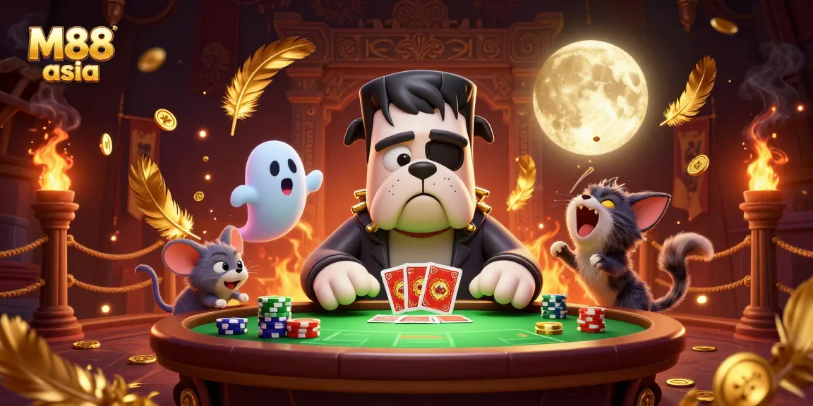 Engage in thrilling action at M88 asia with unique characters battling at a spooky green-lit casino.