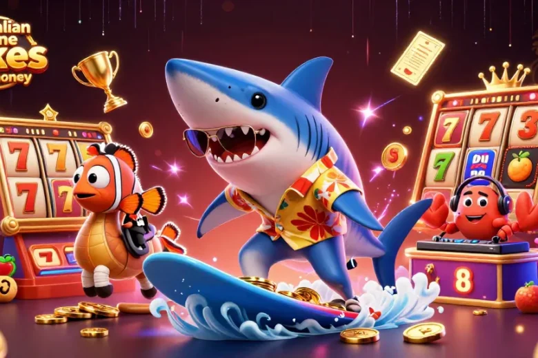 Experience australian online pokies real money with vibrant characters and dynamic gold coins in this illustration.