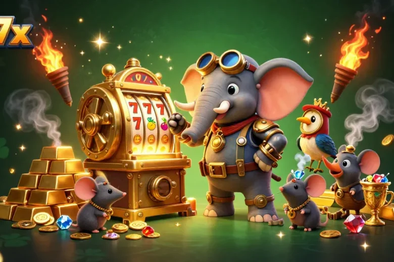 Experience the excitement of 777x with a steampunk elephant winning at slots amidst gold treasures.