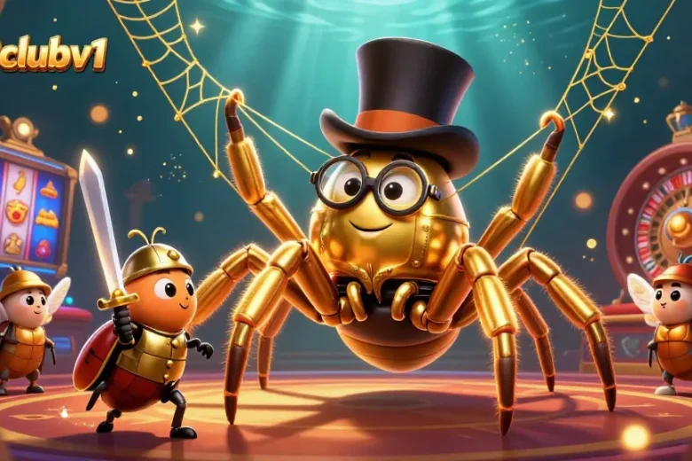 Witness excitement at 789clubv1 as a giant tarantula weaves a golden web in this dynamic casino scene.